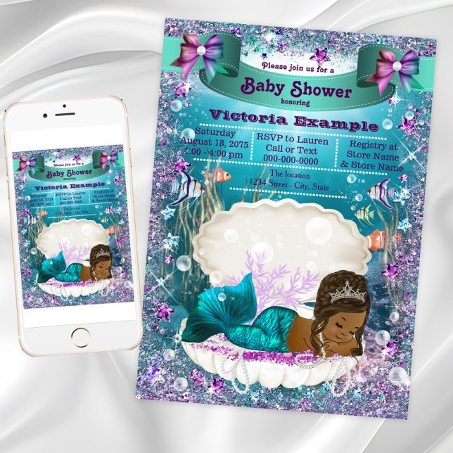 African American Mermaid Princess Baby Shower Invitation (African American Mermaid Princess Baby Shower Invitation. Instant download & printed invitations.)