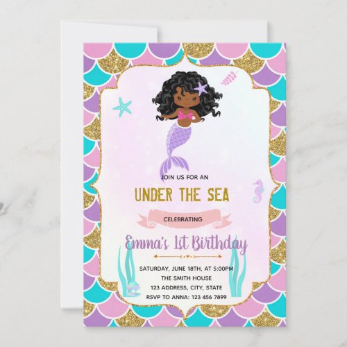 African American mermaid theme invitation