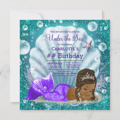 African American Mermaid Under the Sea Birthday Invitation