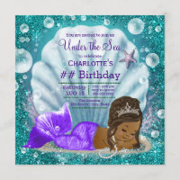 African American Mermaid Under the Sea Birthday Invitation