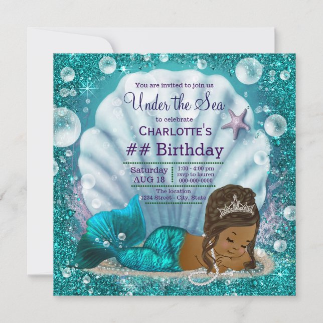 African American Mermaid Under the Sea Birthday Invitation (Front)
