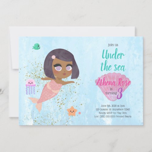 African American Mermaid Under The Sea Birthday Invitation