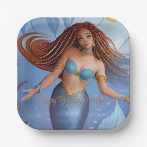 African American Mermaid Watercolor  Paper Plates