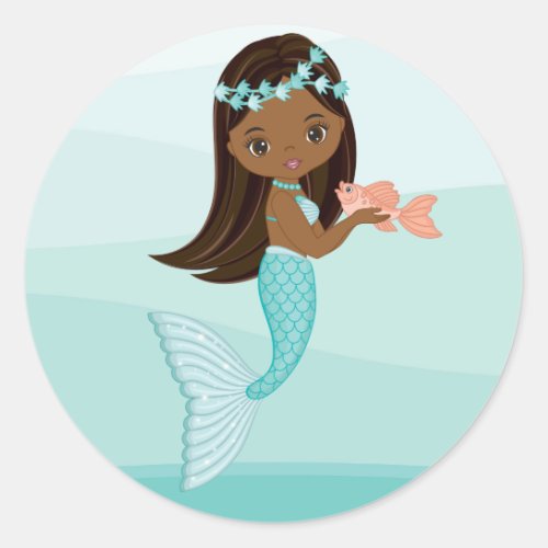 African American Mermaid with Fish Round Sticker