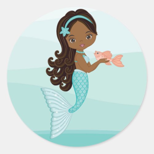 African American Mermaid with Fish Round Sticker