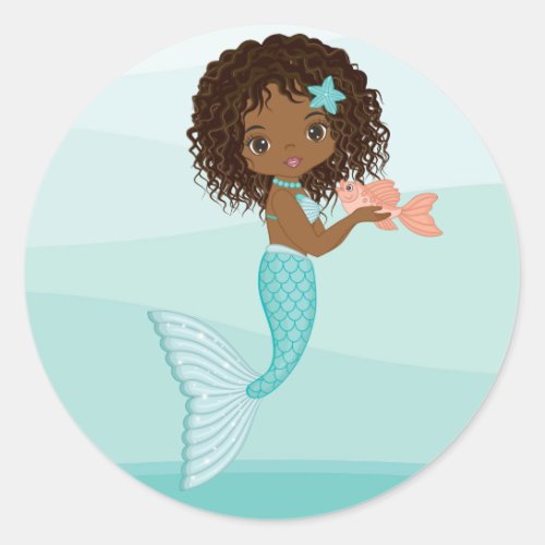 African American Mermaid with Fish Round Sticker