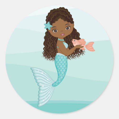 African American Mermaid with Fish Round Sticker