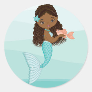 African American Mermaid with Fish Round Sticker
