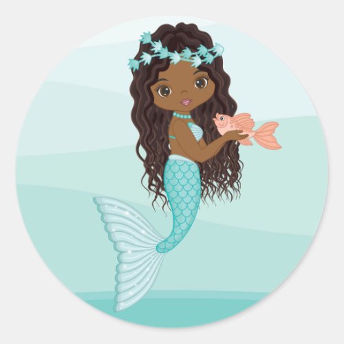 African American Mermaid with Fish Round Sticker