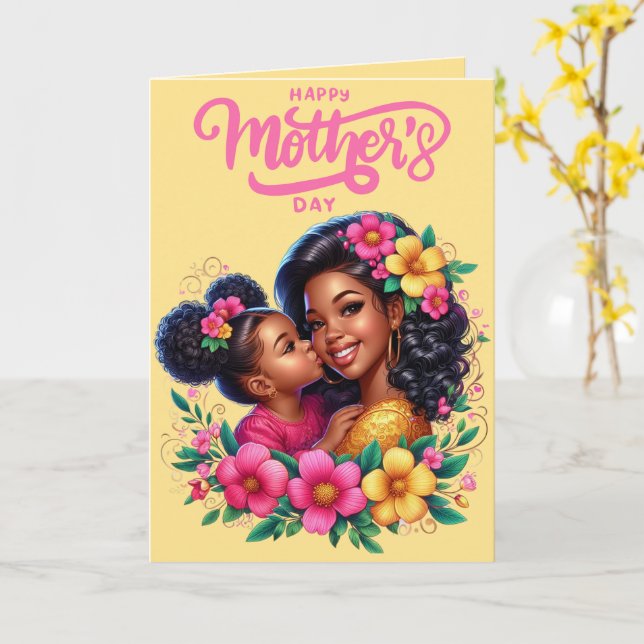 African American Mom & Daughter Happy Mother's Day Card (Yellow Flower)