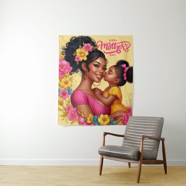 African American Mom & Daughter Happy Mother's Day Tapestry (In Situ)
