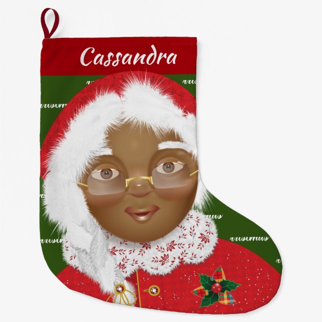 African American Mrs Claus Girl Christmas Holiday Large Christmas Stocking (Front)