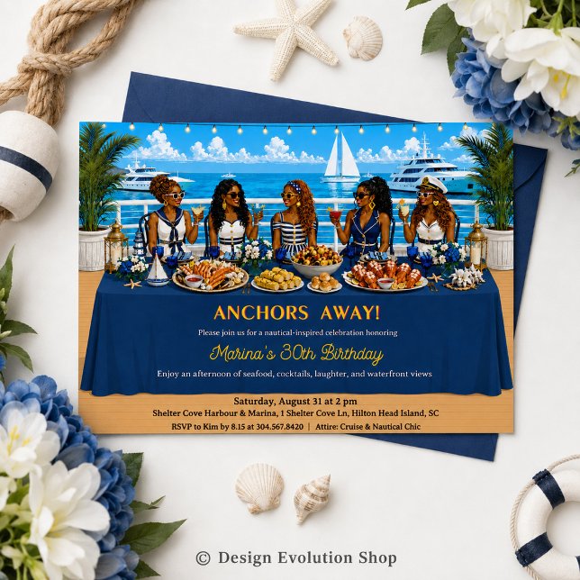 African American Nautical Cruise Brunch Table Invitation (Creator Uploaded)