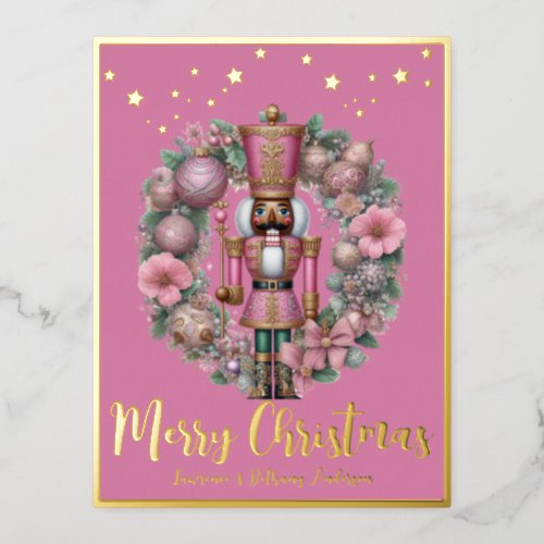 African American Nutcracker Pink Pastel Wreath Foil Holiday Postcard
