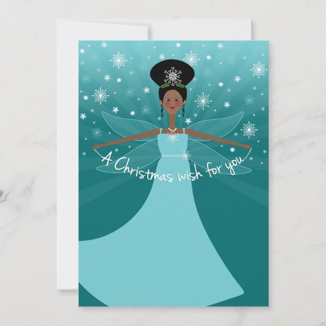 African American or Black Christmas Fairy on Teal Holiday Card (Front)