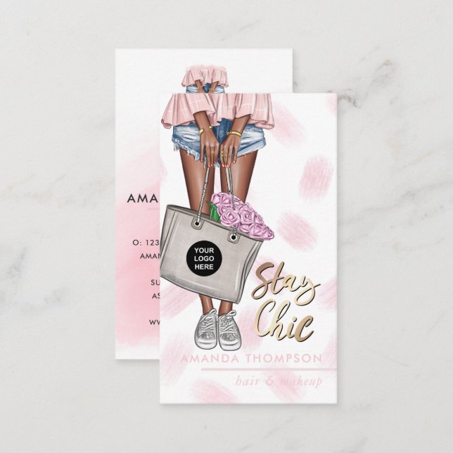 African American Pink and Blue Denim Floral Busine Business Card (Front/Back)