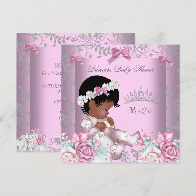 African American Pink and Gray Baby Shower Girl 3 Invitation (Front/Back)