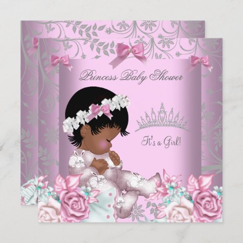 African American Pink and Gray Baby Shower Girl 3 Invitation