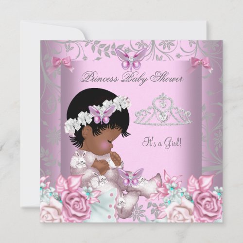 African American Pink Butterfly Baby Shower Girl Invitation