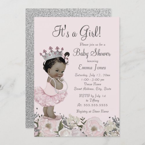 African American Pink Floral Princess Baby Shower Invitation