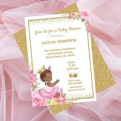  African American Pink Gold Princess Baby Shower Invitation