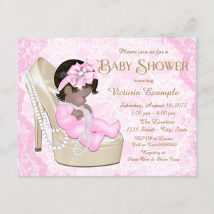 African American Pink Pearl Lace Shoe Baby Shower Invitation