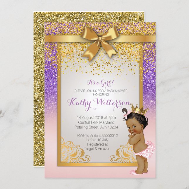African American Pink Purple Gold Baby Shower Card (Front/Back)