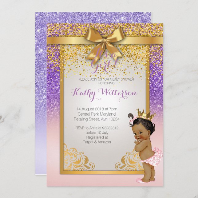 African American Pink Purple Gold Baby Shower Card (Front/Back)