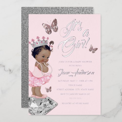 African American Pink Silver Princess Baby Shower  Foil Invitation