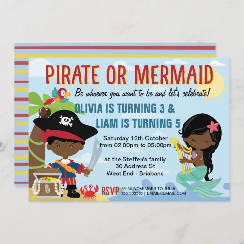 African American Pirate and Mermaid Invitation