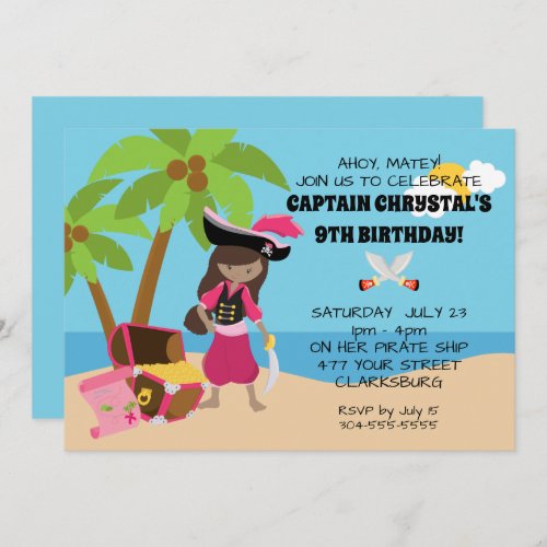 African American Pirate Girl Birthday Party Invitation