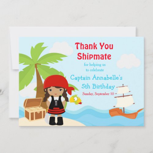 African American Pirate Girl in Red Birthday Party Thank You Card