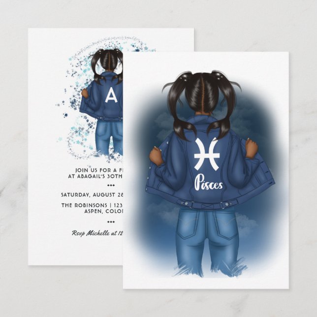 African American Pisces Zodiac Sign Birthday Party Invitation (Front/Back)