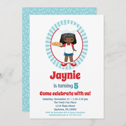 African American Pizza Party Girl _ Pizza Birthday Invitation