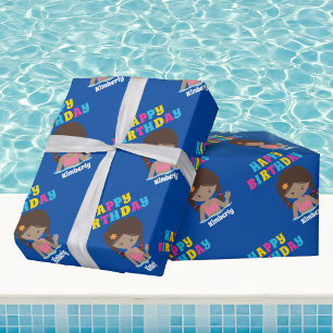 African American Pool Party Girl Custom Birthday Wrapping Paper