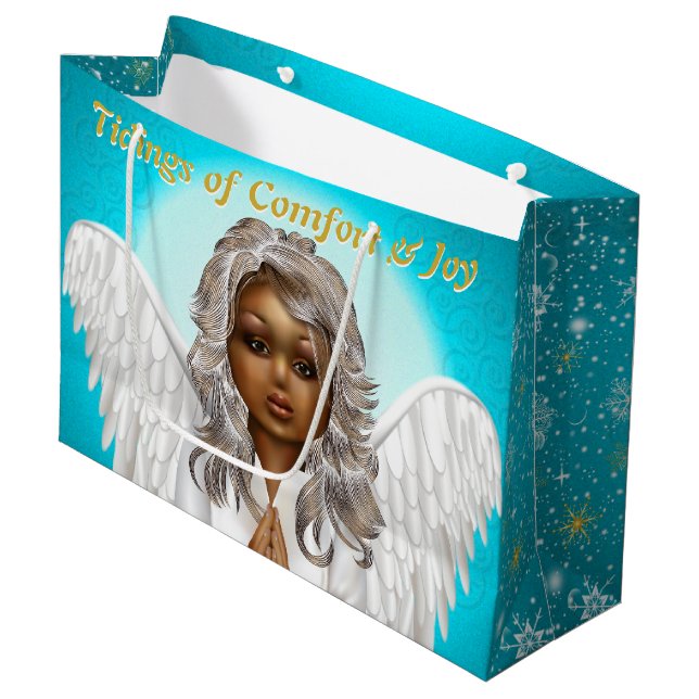African American Praying Angel Large Gift Bag (Front Angled)