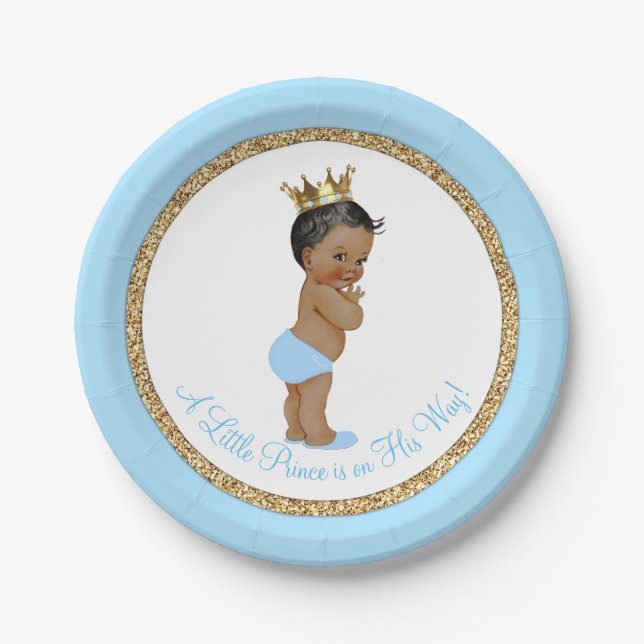 African American Prince Baby Blue Gold Baby Shower Paper Plates (Front)