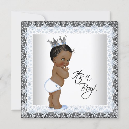 African American Prince Baby Shower Blue and Gray Invitation