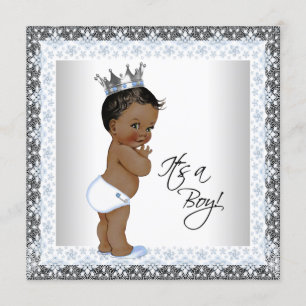 African American Prince Baby Shower Blue and Gray Invitation