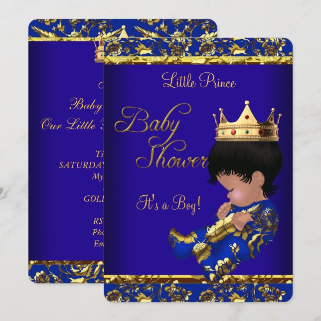 African American Prince Baby Shower Blue Gold Boy Invitation (Front/Back)