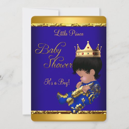 African American Prince Baby Shower Blue Gold Boy Invitation