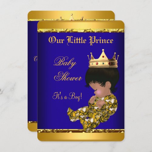 African American Prince Baby Shower Blue Gold Boy Invitation