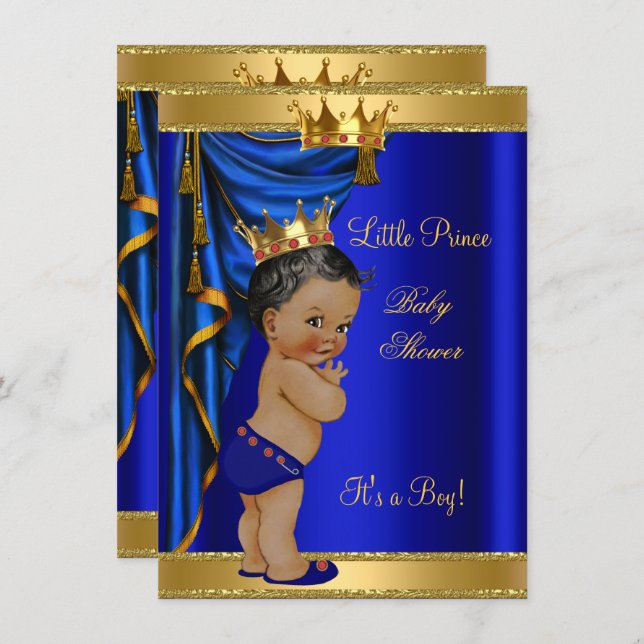 African American Prince Baby Shower Blue Gold Red Invitation (Front/Back)