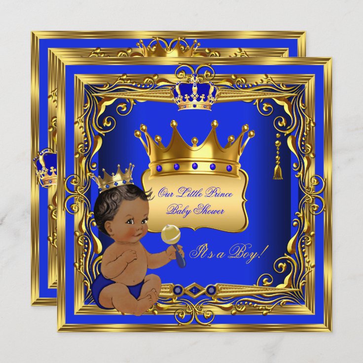 African American Prince Baby Shower Boy Blue Gold Invitation | Zazzle