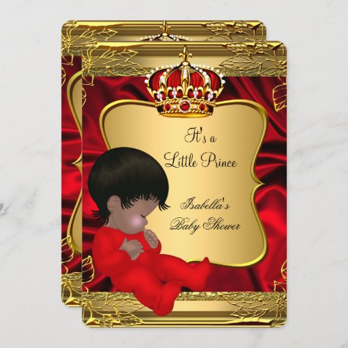 African American Prince Boy Baby Shower Red Gold Invitation