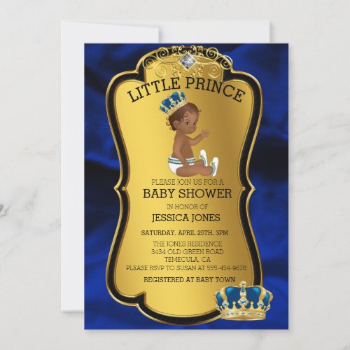 African American Prince Gold Blue Baby Shower Invitation