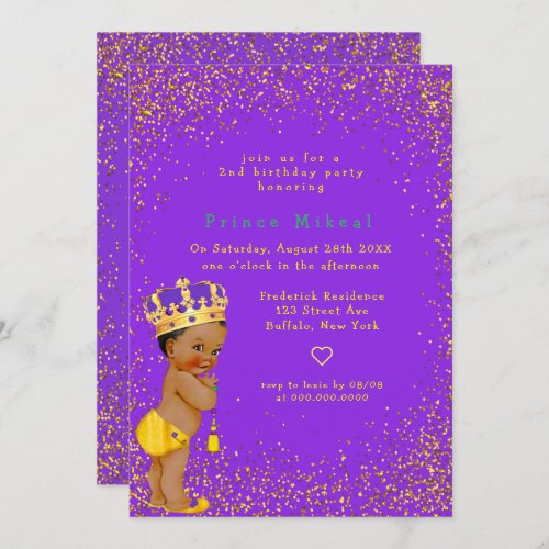 African American Prince Purple Gold Birthday Party Invitation