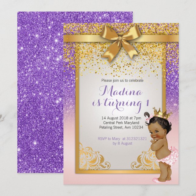 African American Princess 1st birthday invitations (Front/Back)