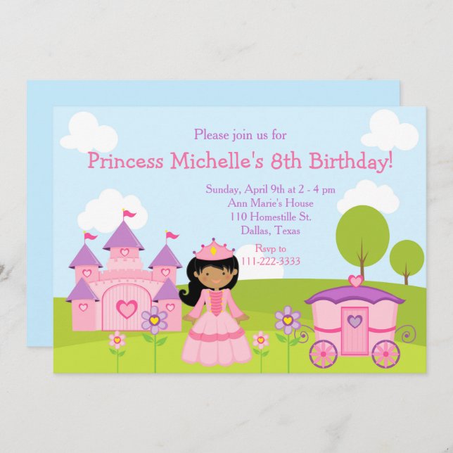 African American Princess and Castle Birthday  Invitation (Front/Back)