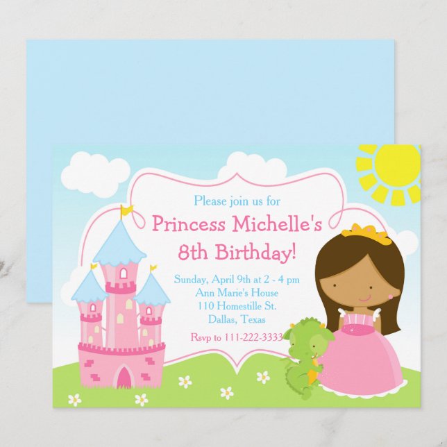 African American Princess and Dragon Birthday Invitation (Front/Back)